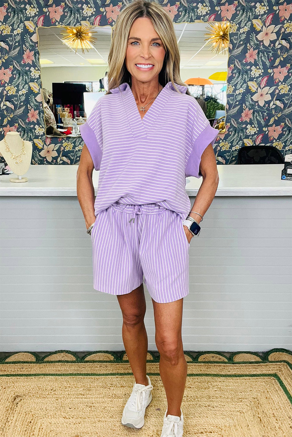 Let's Do This Purple Stripe Top And Shorts Set