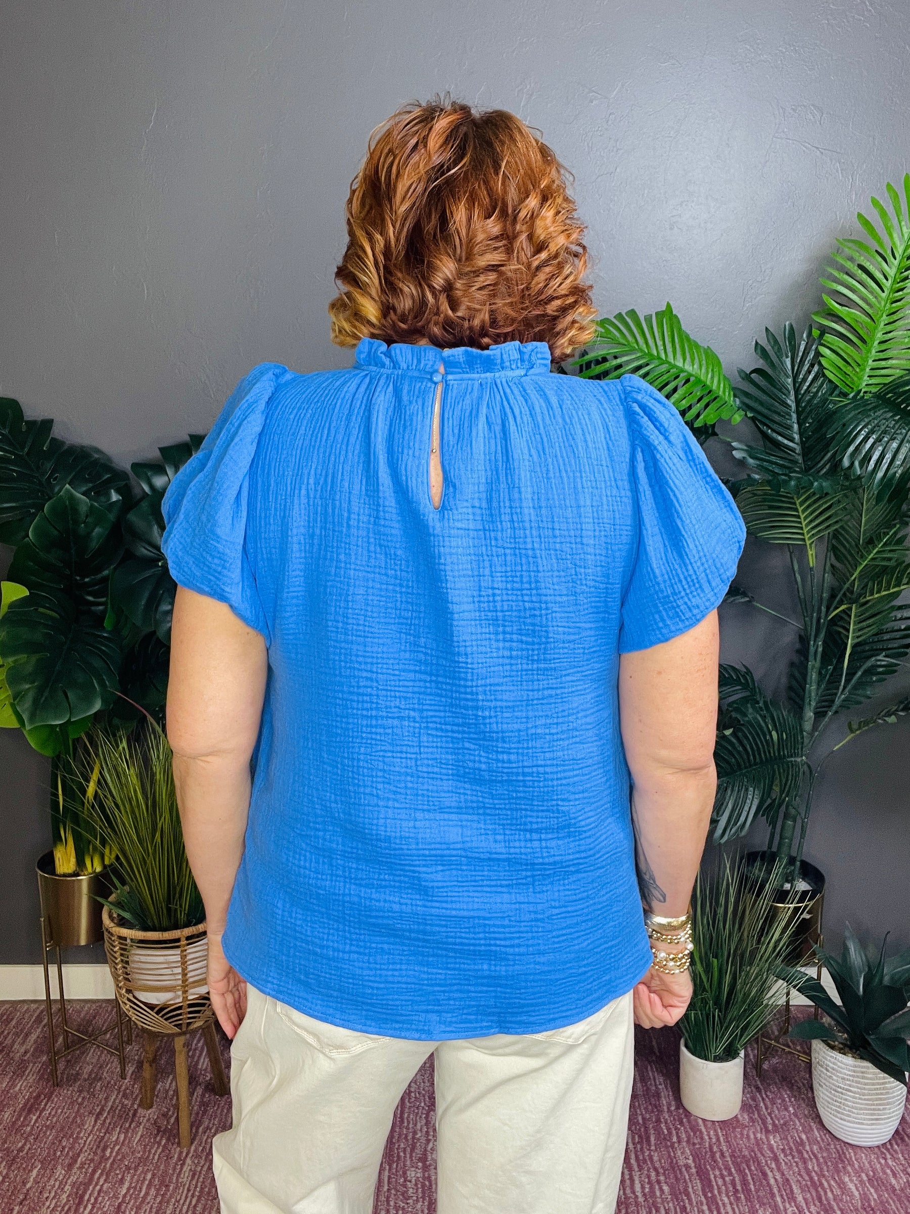 Passing Time Blue Textured Gauze Top