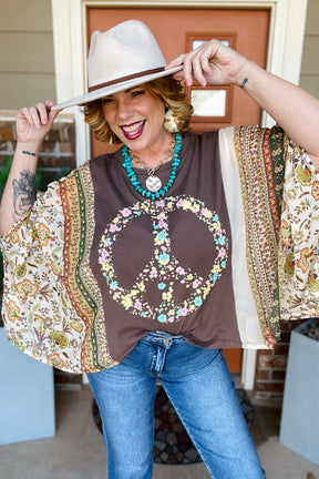 Live In Peace Flutter Sleeves Brown Top - S160BR