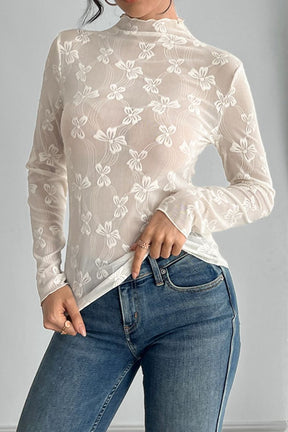 Bowtacular Moments Mock Neck Sheer Top - T11106WH