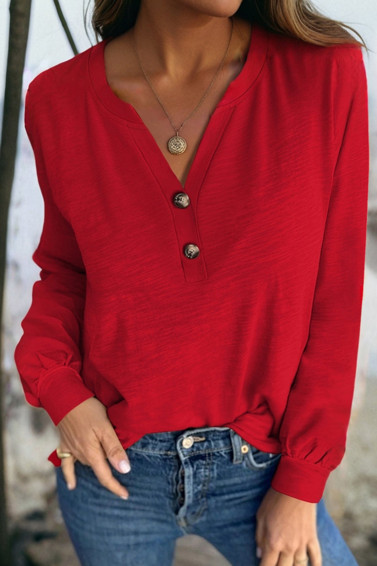 Basic Needs Red Button V Neck Top