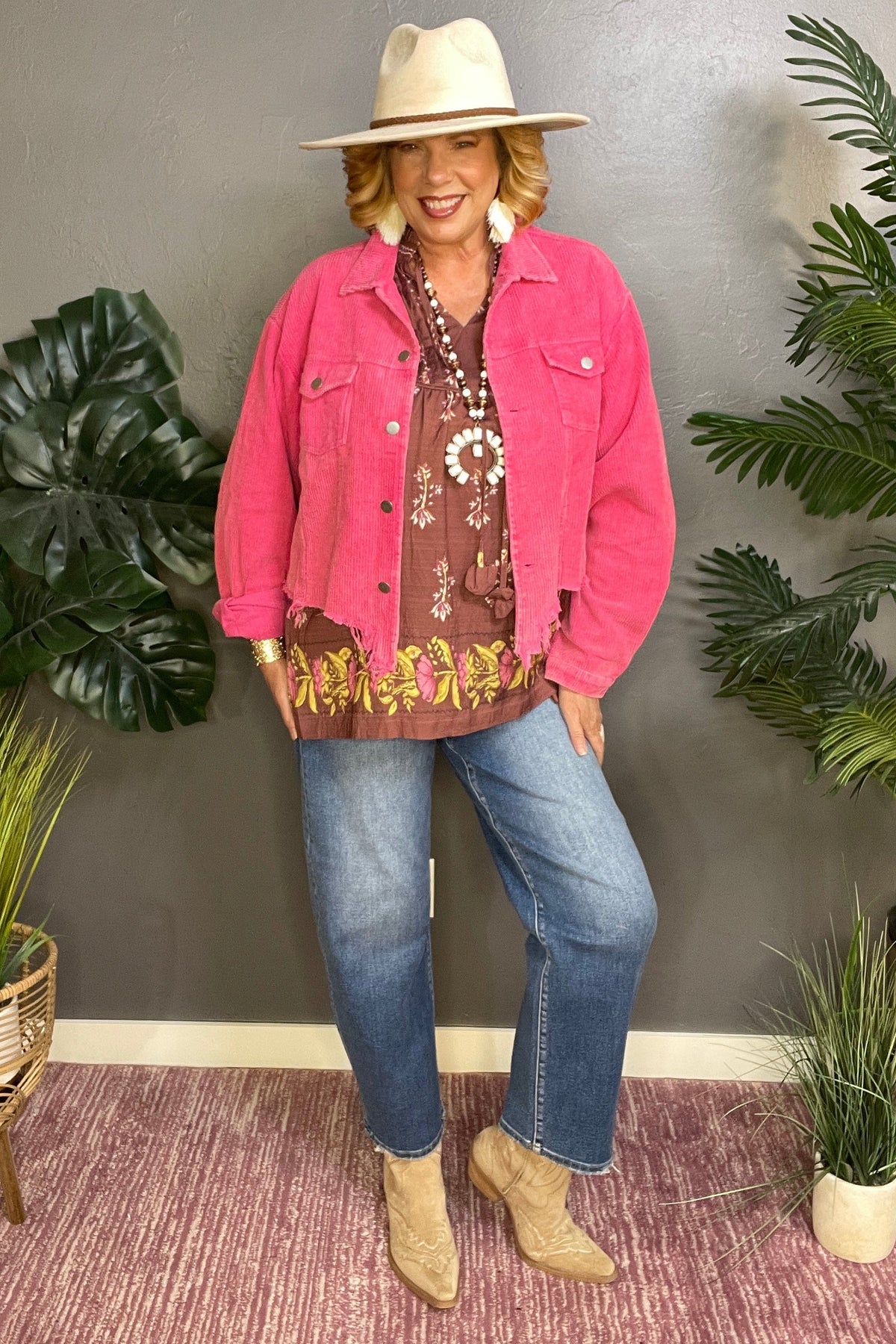 Out And About Fuchsia Vintage Washed Corduroy Jacket