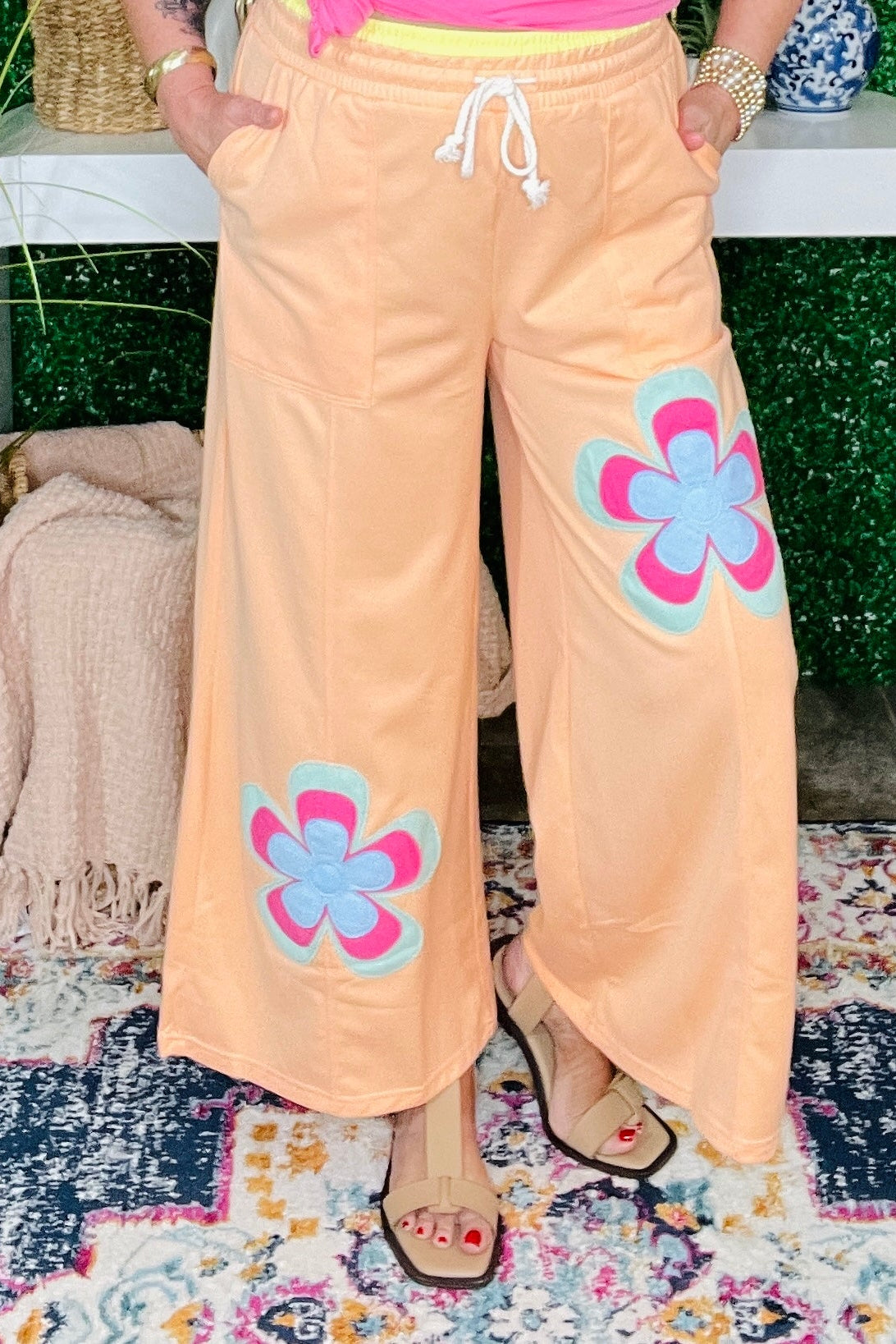 Boho Feels Grapefruit Flower Patchwork Drawstring Wide Leg Pants
