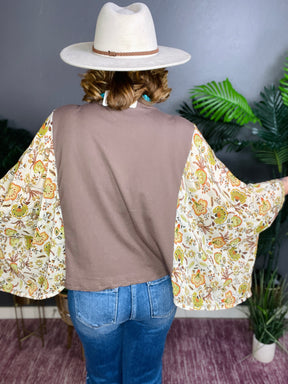 Live In Peace Flutter Sleeves Brown Top - S160BR
