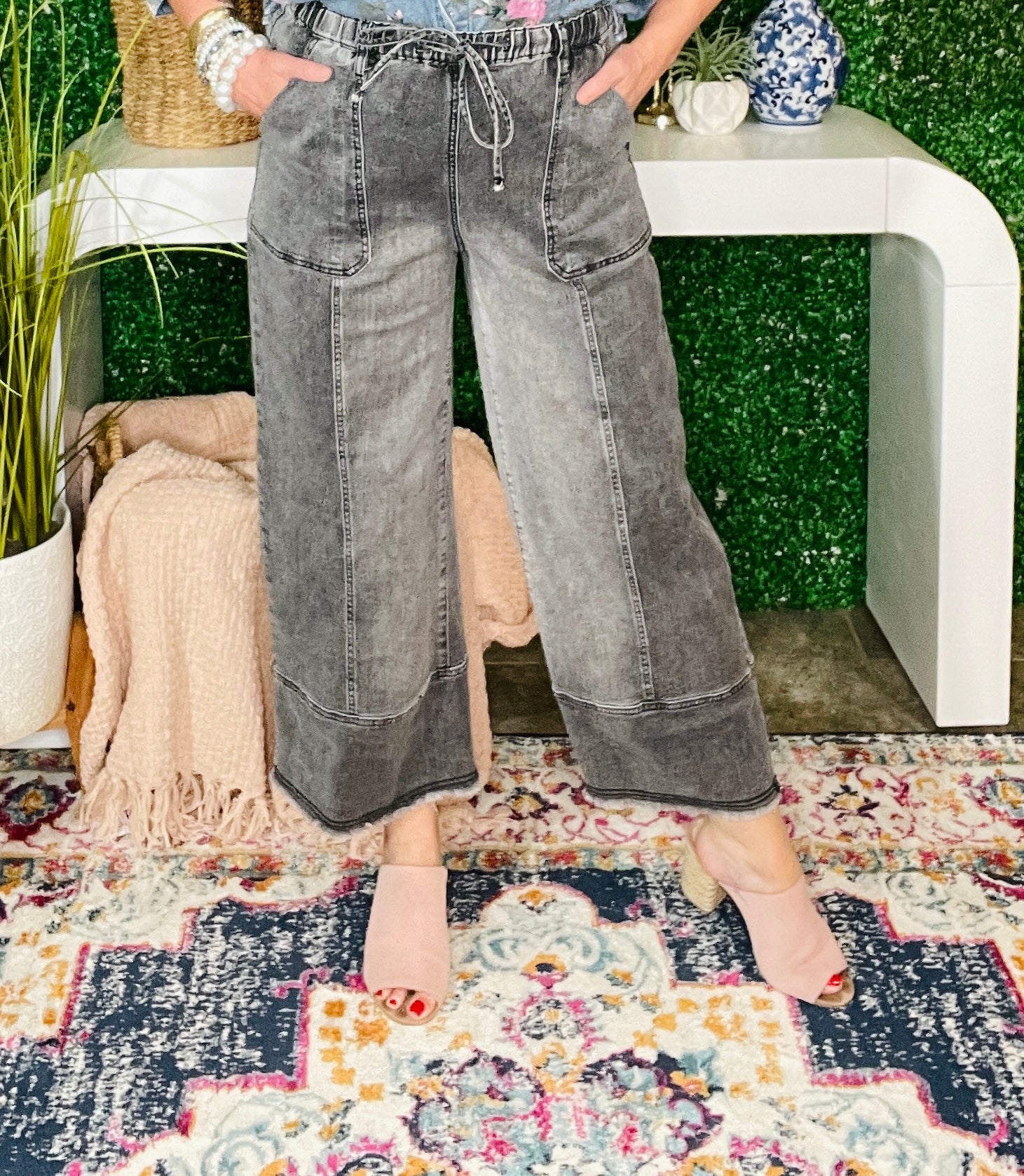 Worth Your While Gray Drawstring Wide Leg Denim Pant