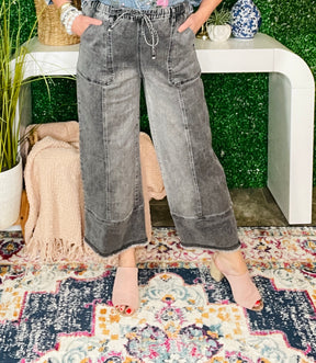 Worth Your While Gray Drawstring Wide Leg Denim Pant
