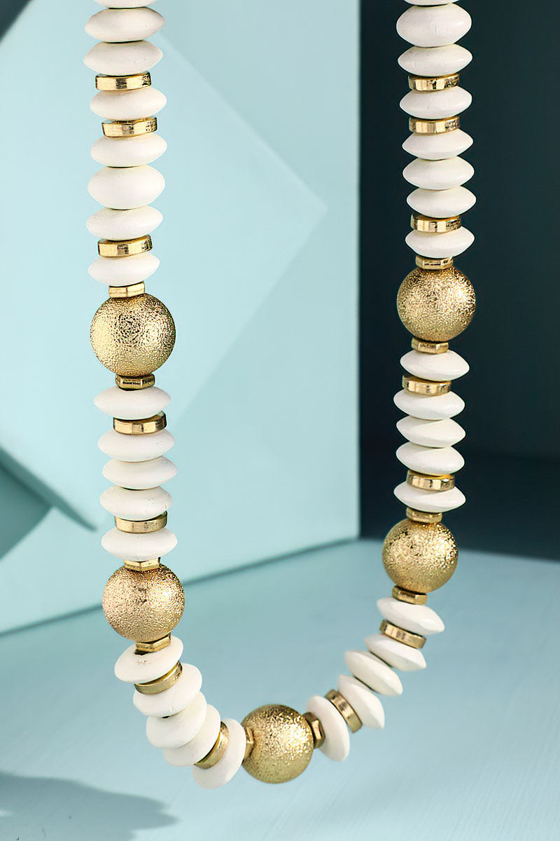 Ivory Metal & Wood Disk Bead Necklace - N104IV