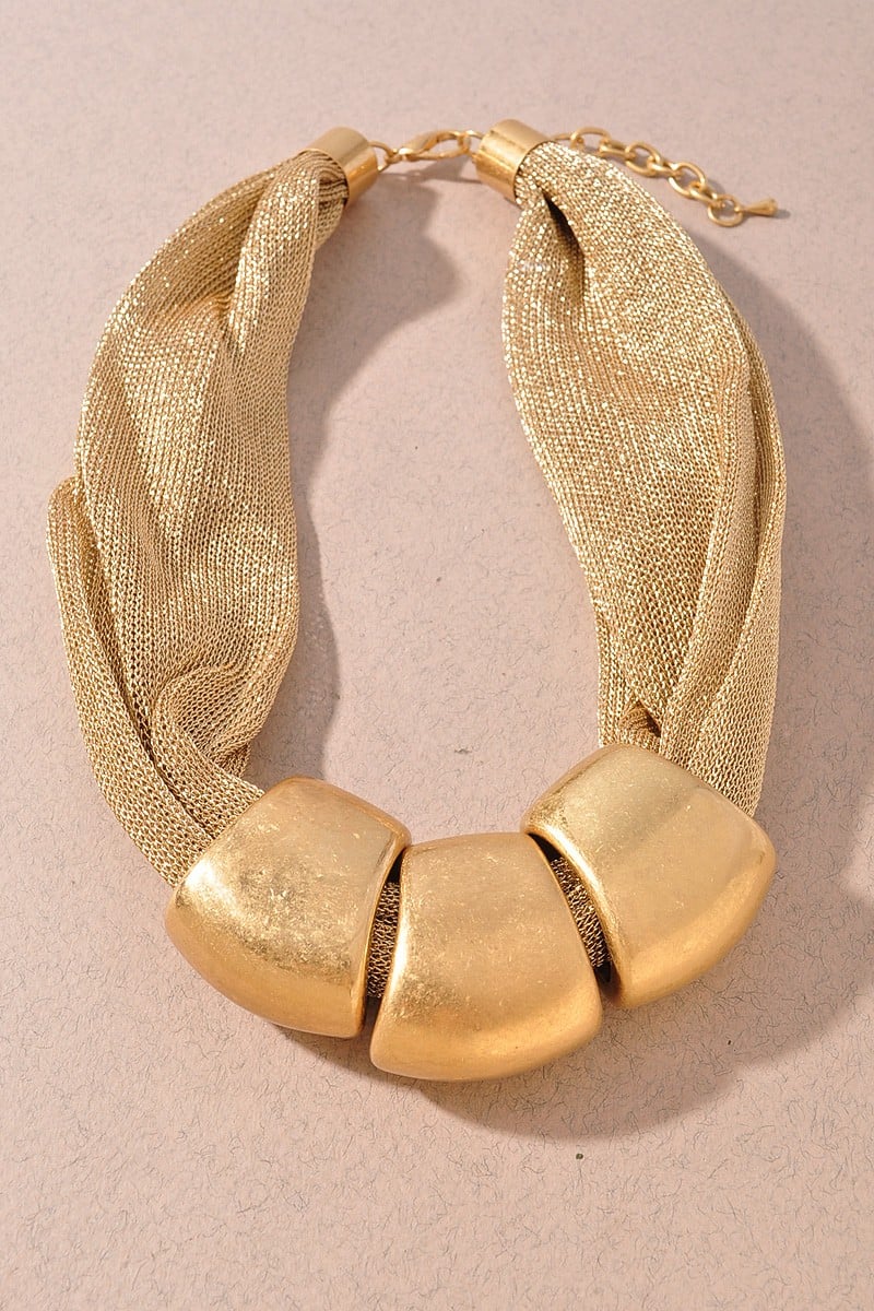 Gold Mesh Twisted Statement Necklace - N086GO