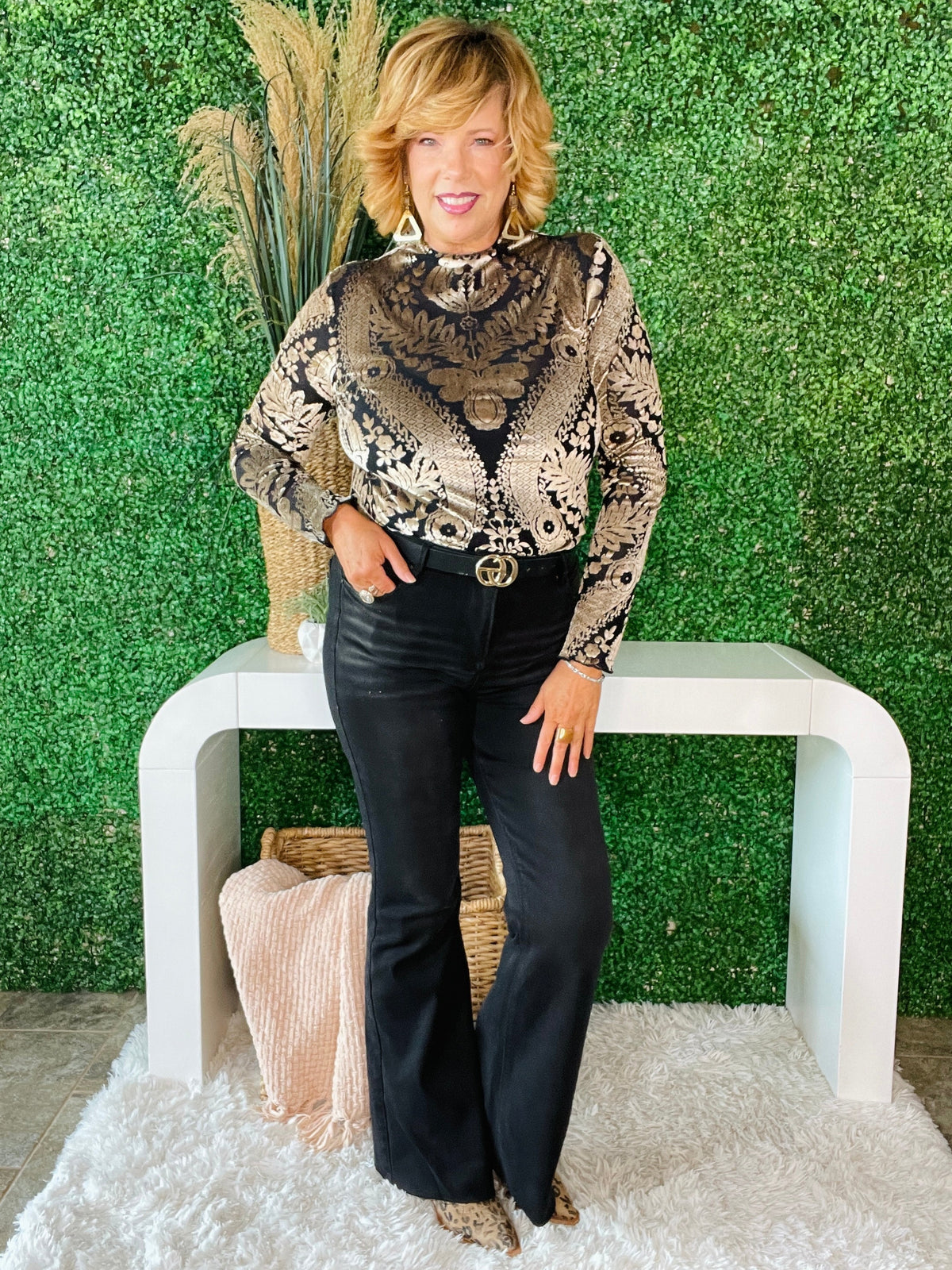 Luxe Glow Up Damask Print Velvet Burnout Top