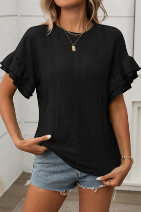 Ruffle Reign Eyelet Flounce Sleeve Black Top - T11088BK