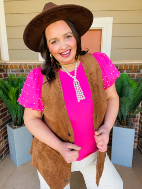 Dream In Color Pink Ribbed Pearl Beaded Puff Sleeve Top