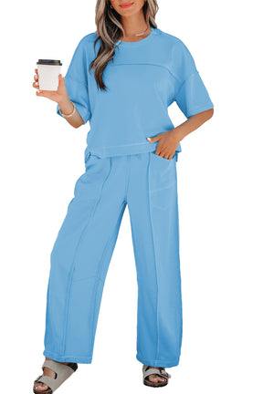 Here For It Sky Blue Top and Barrel Pant Set