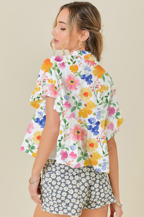 The Floral Edit Yellow Ruffled Sleeve V Neck Top