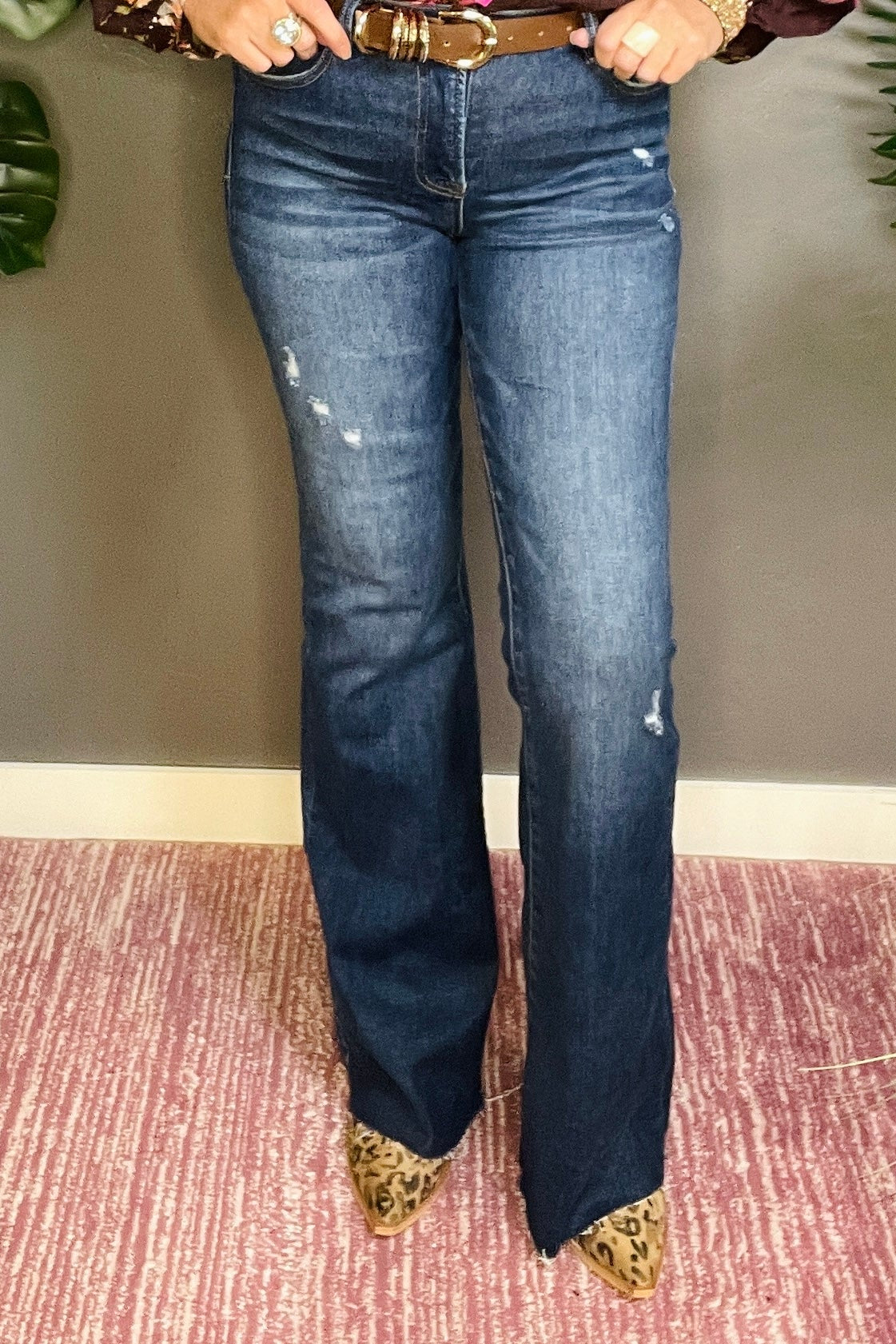 Monroe Distressed Mid Rise Flare Jeans