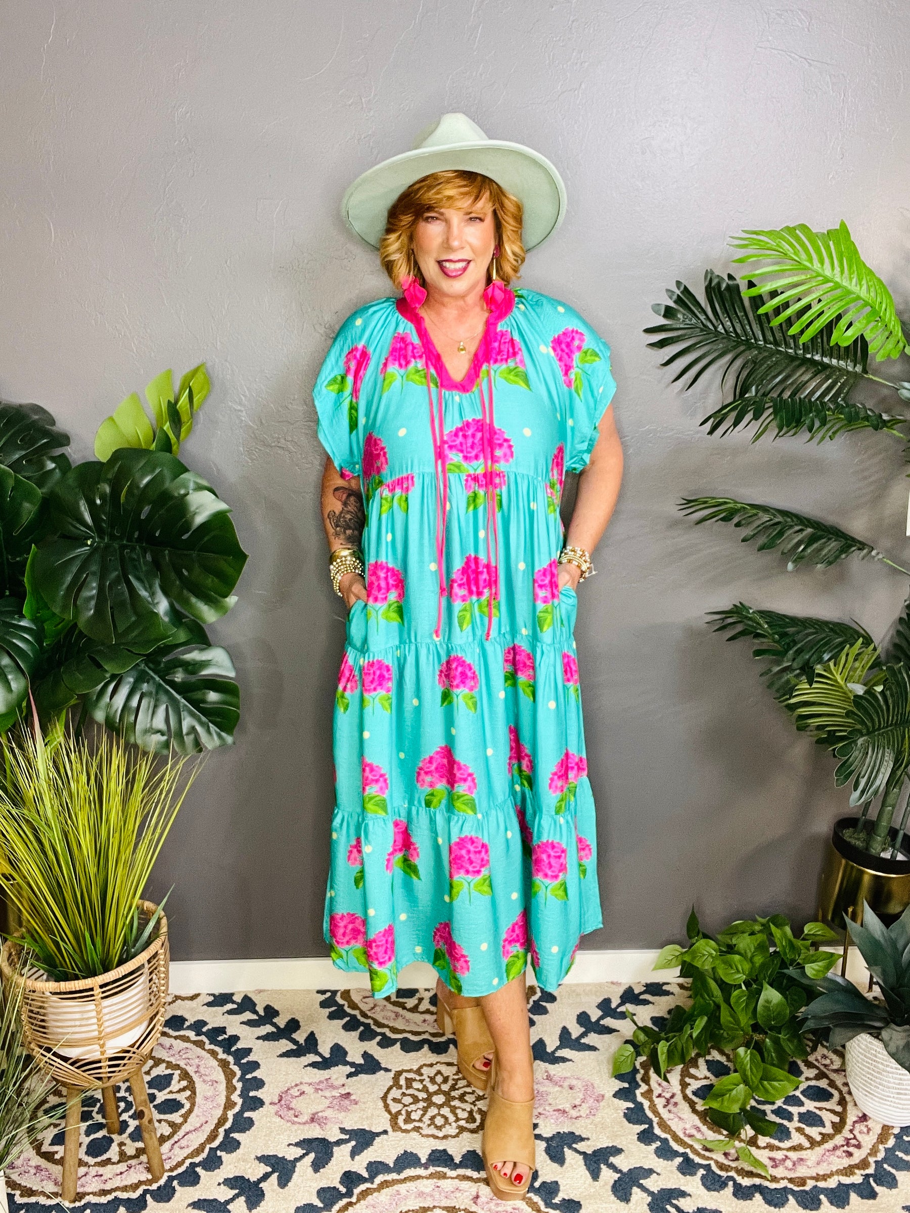Floral Daydreams Hydrangea Print Tiered Midi Dress