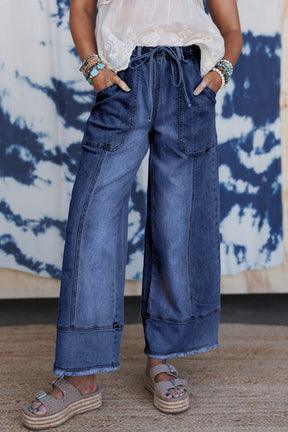 Worth Your While Dark Blue Drawstring Wide Leg Denim Pant