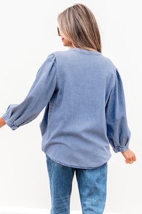 So Little Time Denim Front Bow Tie Top