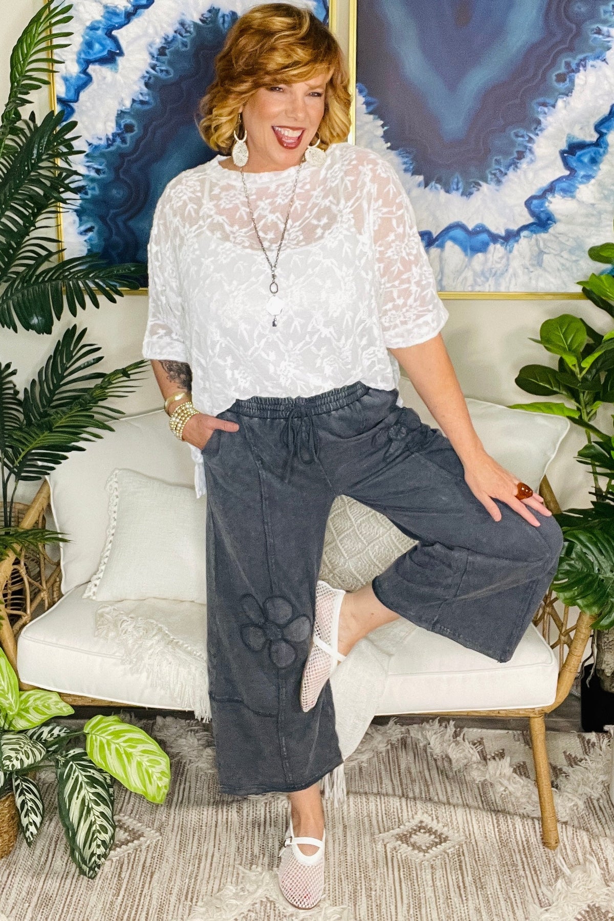 Boho Blooms Gray Flower Patch Mineral Washed Pants