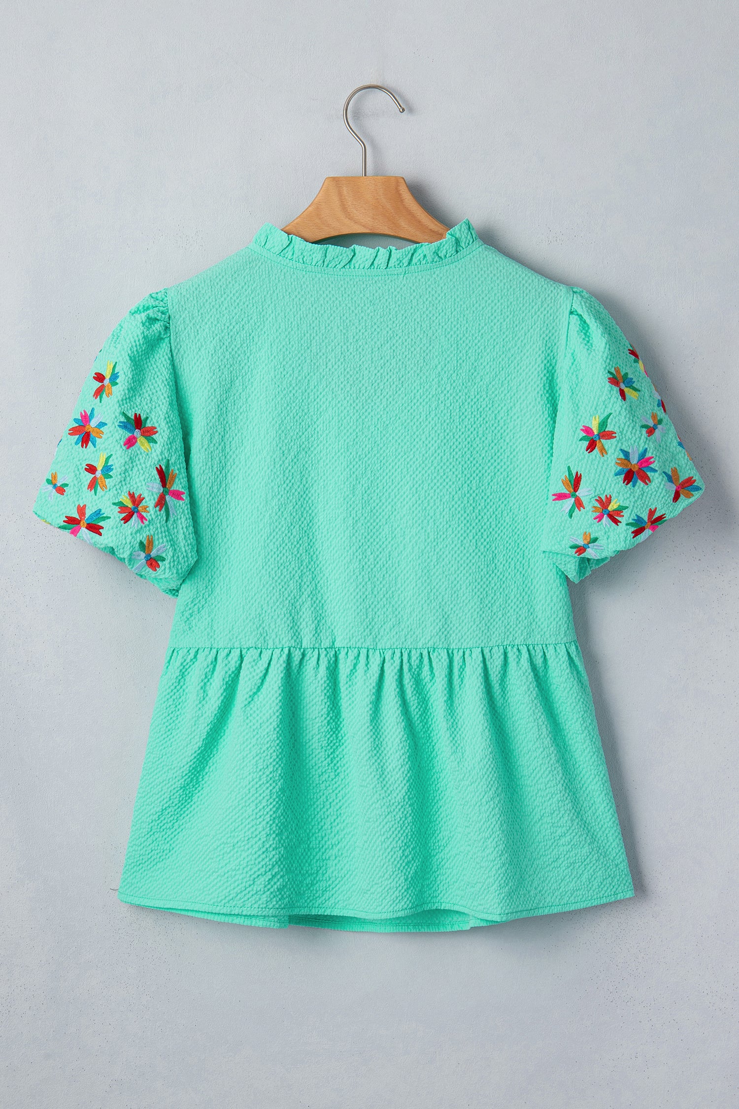 Mint All Day Embroidered Puff Sleeve Textured Top