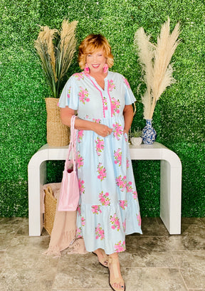 Resort Getaway Sky Blue Floral Print Maxi Dress
