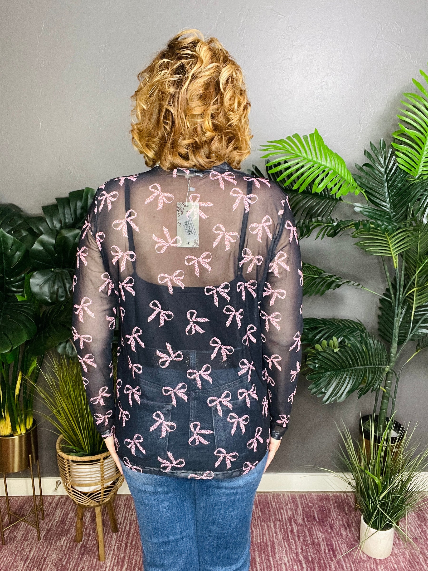 Pink Leopard Bow Printed Sheer Mesh Top - S180BK