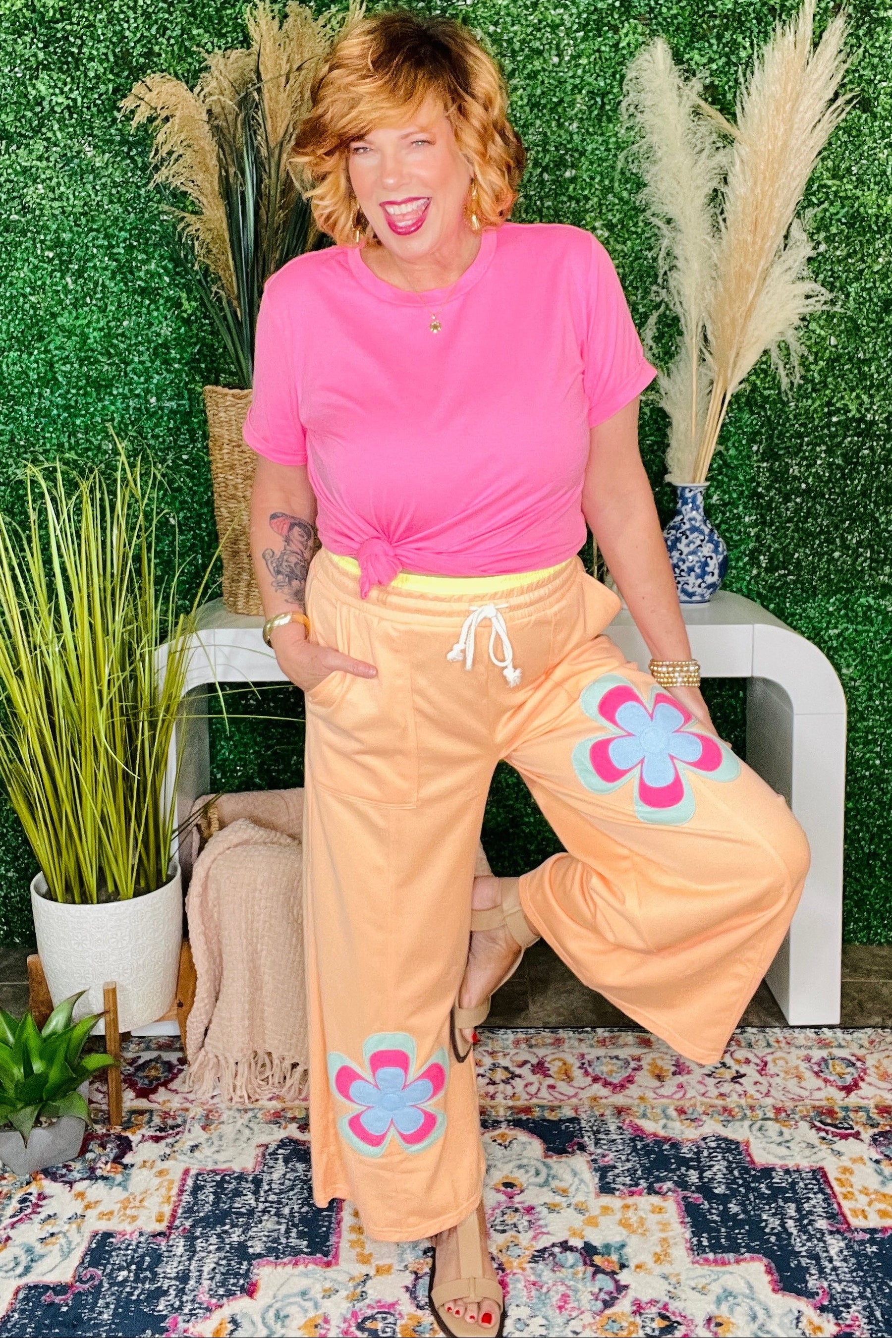 Boho Feels Grapefruit Flower Patchwork Drawstring Wide Leg Pants