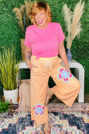 Boho Feels Grapefruit Flower Patchwork Drawstring Wide Leg Pants