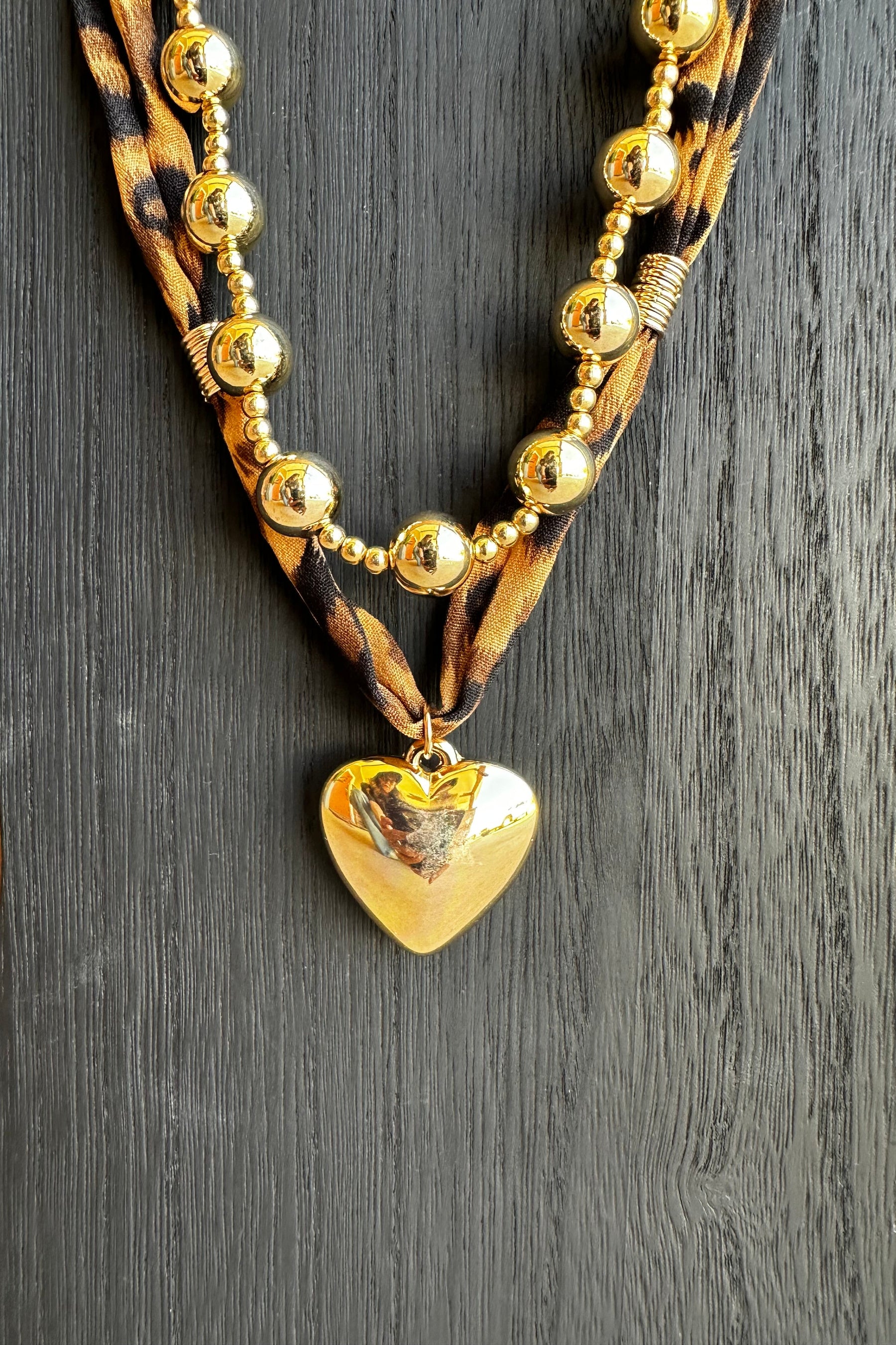 Mixed Beads Heart Charm Leopard Scarf Necklace - N156LE