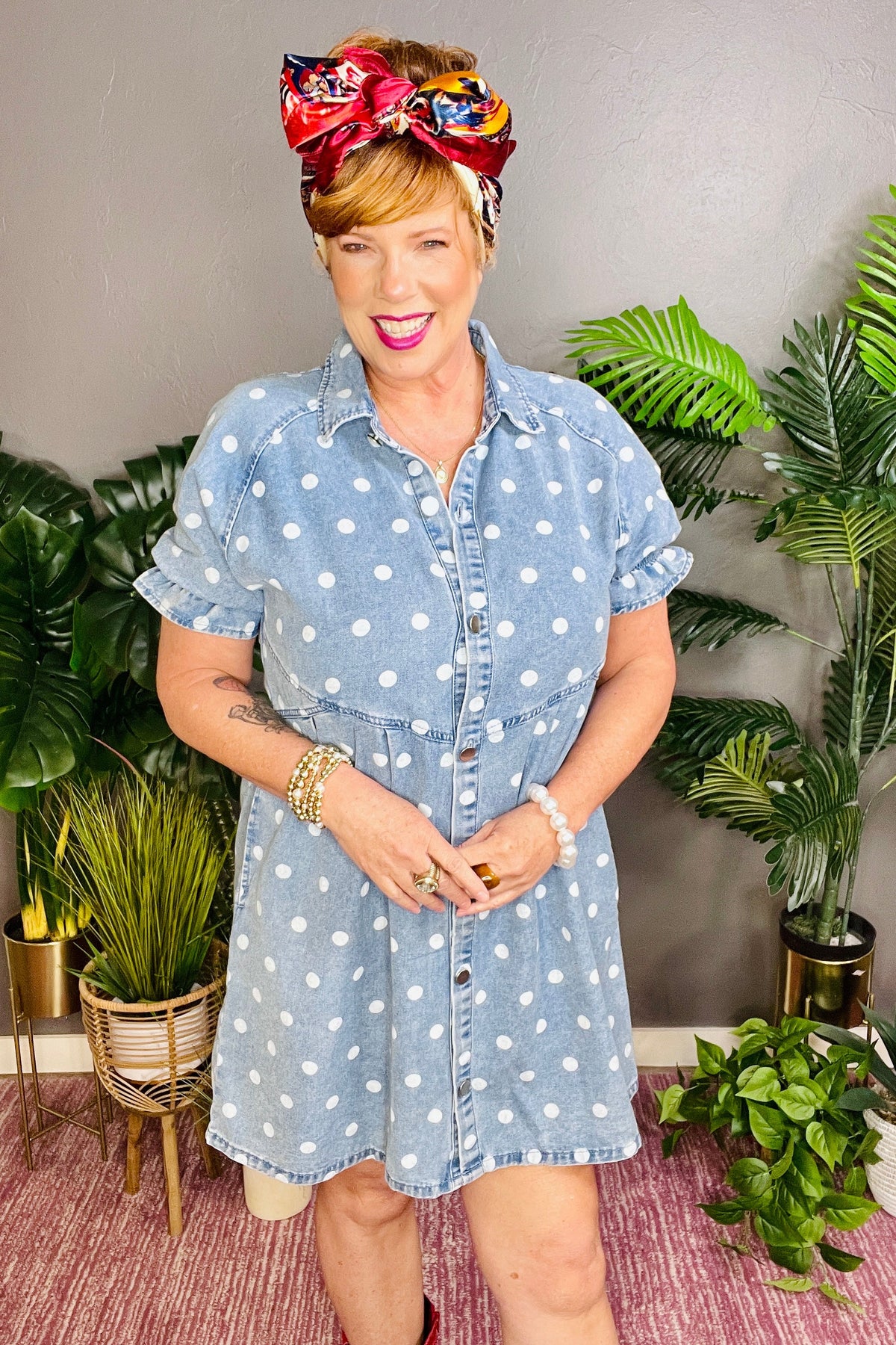Spotted Around Town Polka Dot Denim Dress