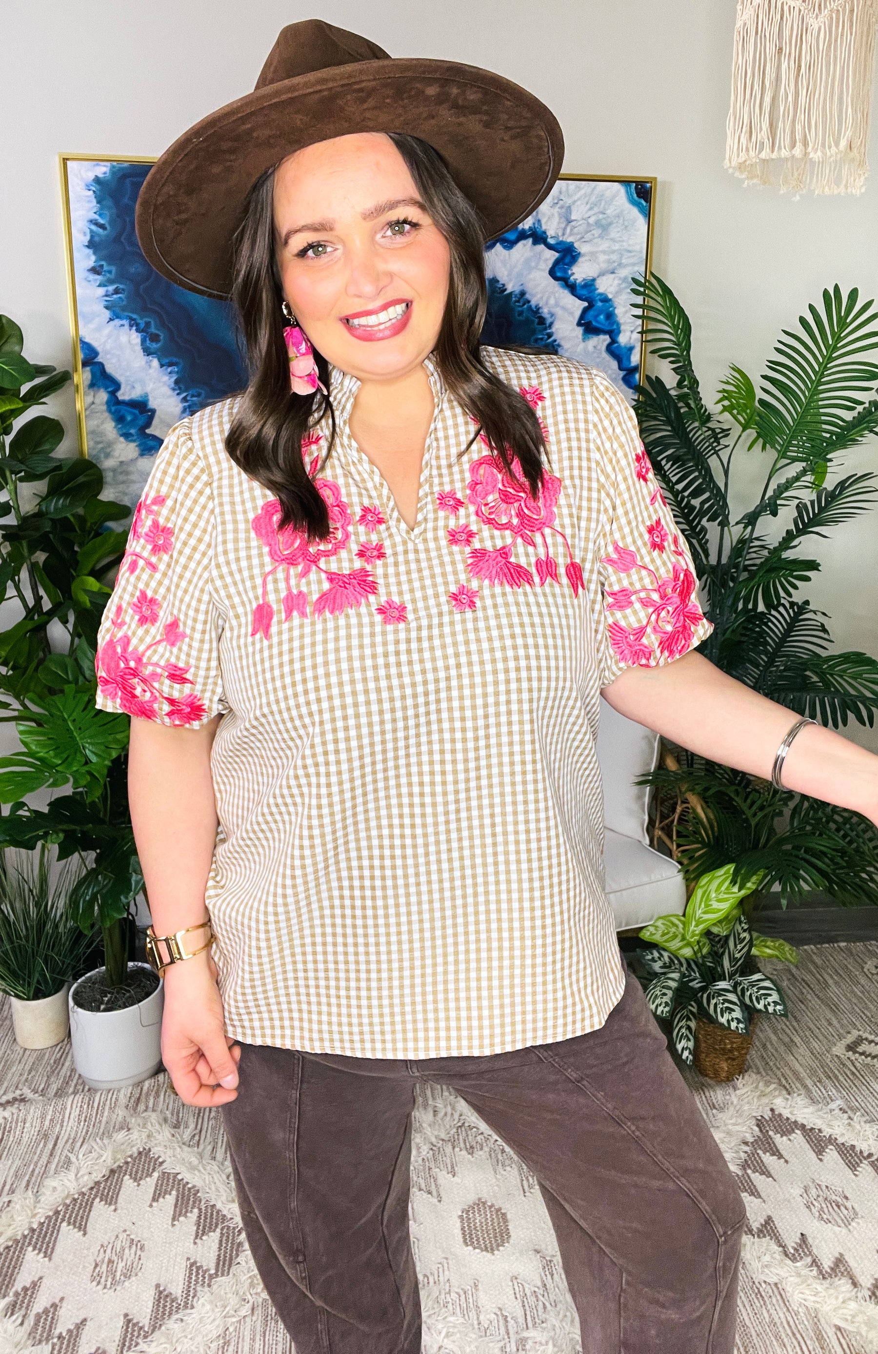 Gingham and Roses Top - LW013PK