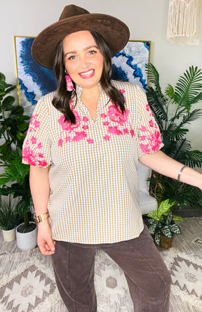 Gingham and Roses Top - LW013PK
