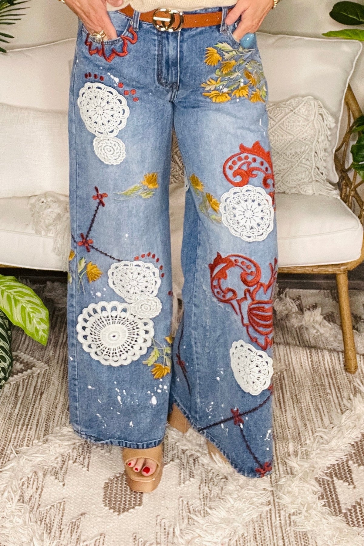 Vintage Soul Embroidered Wide Leg Jeans - J065DN