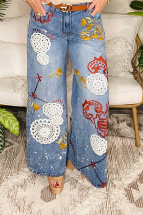 Vintage Soul Embroidered Wide Leg Jeans - J065DN