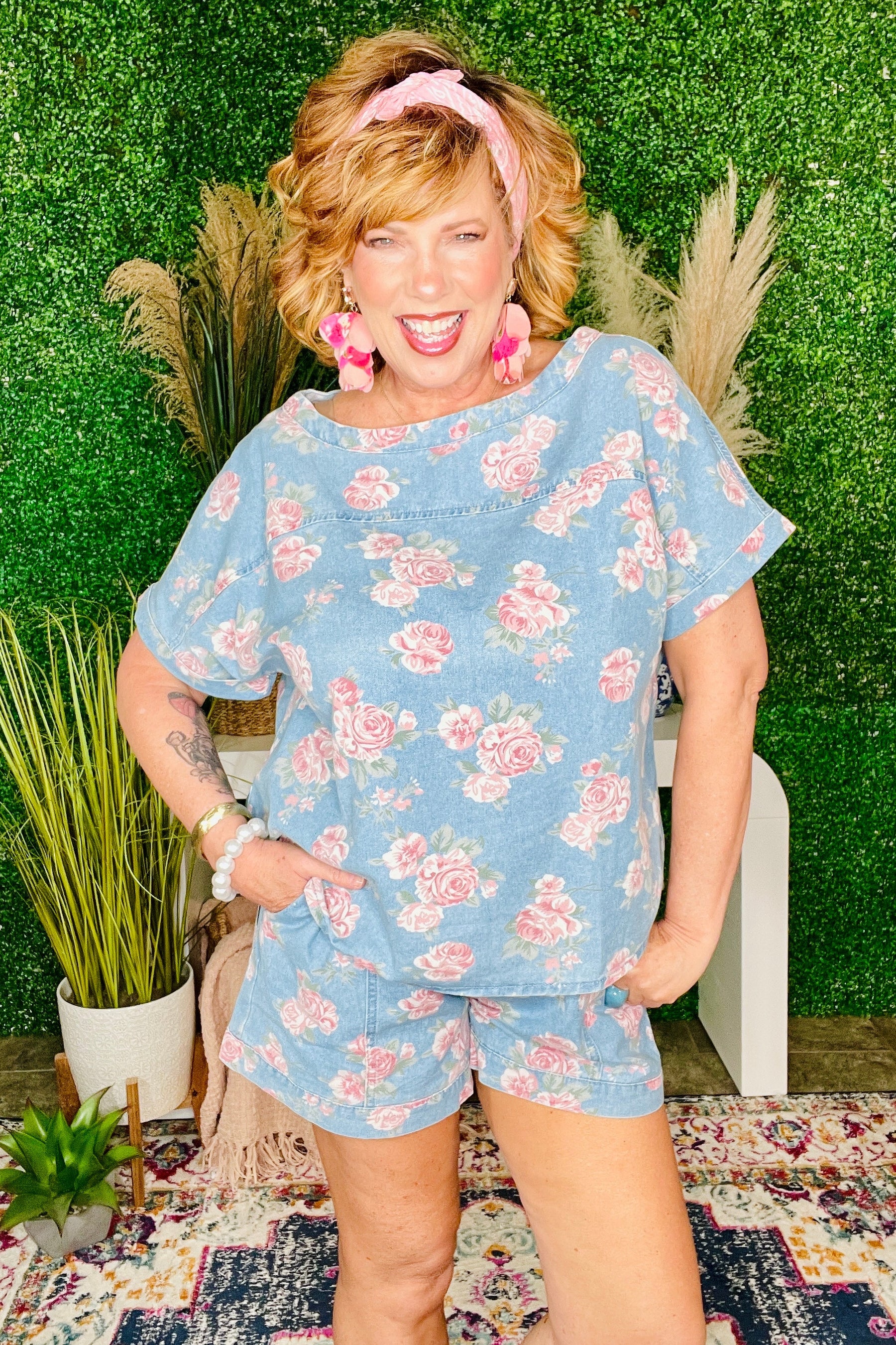 Denim And Roses Vintage Top And Short Set