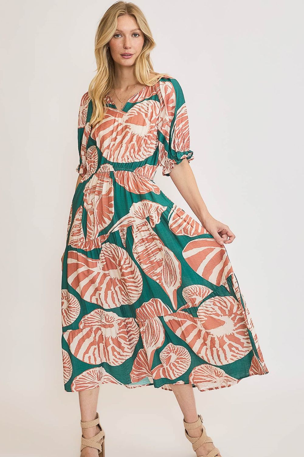 All Things Chic Green/Clay Printed Midi Dress - D5710GN