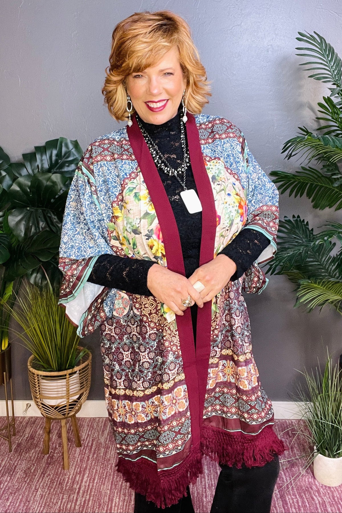 It's A Mood Maroon Mixed Kimono - OT024MA