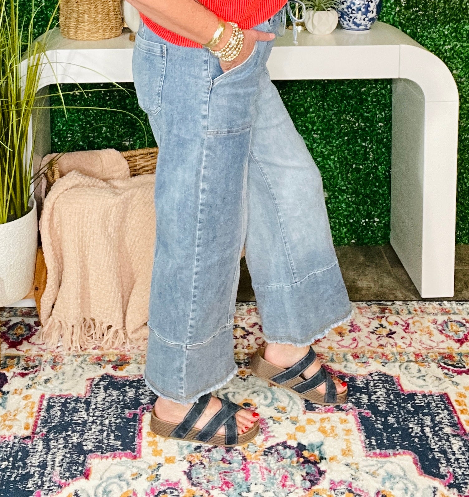 Worth Your While Light Blue Drawstring Wide Leg Denim Pant