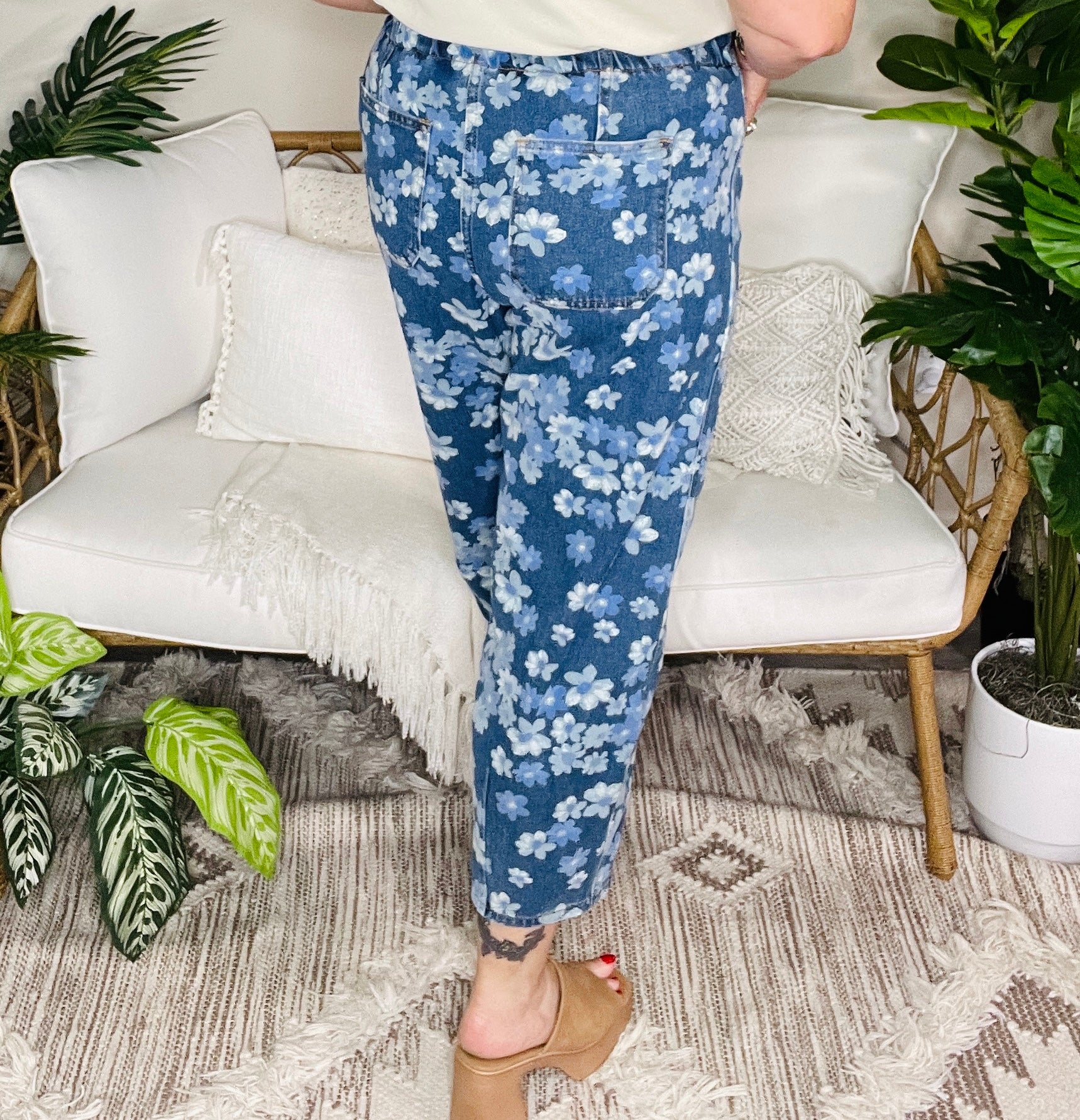 Boho Living Floral Printed Drawstring Barrel Jeans
