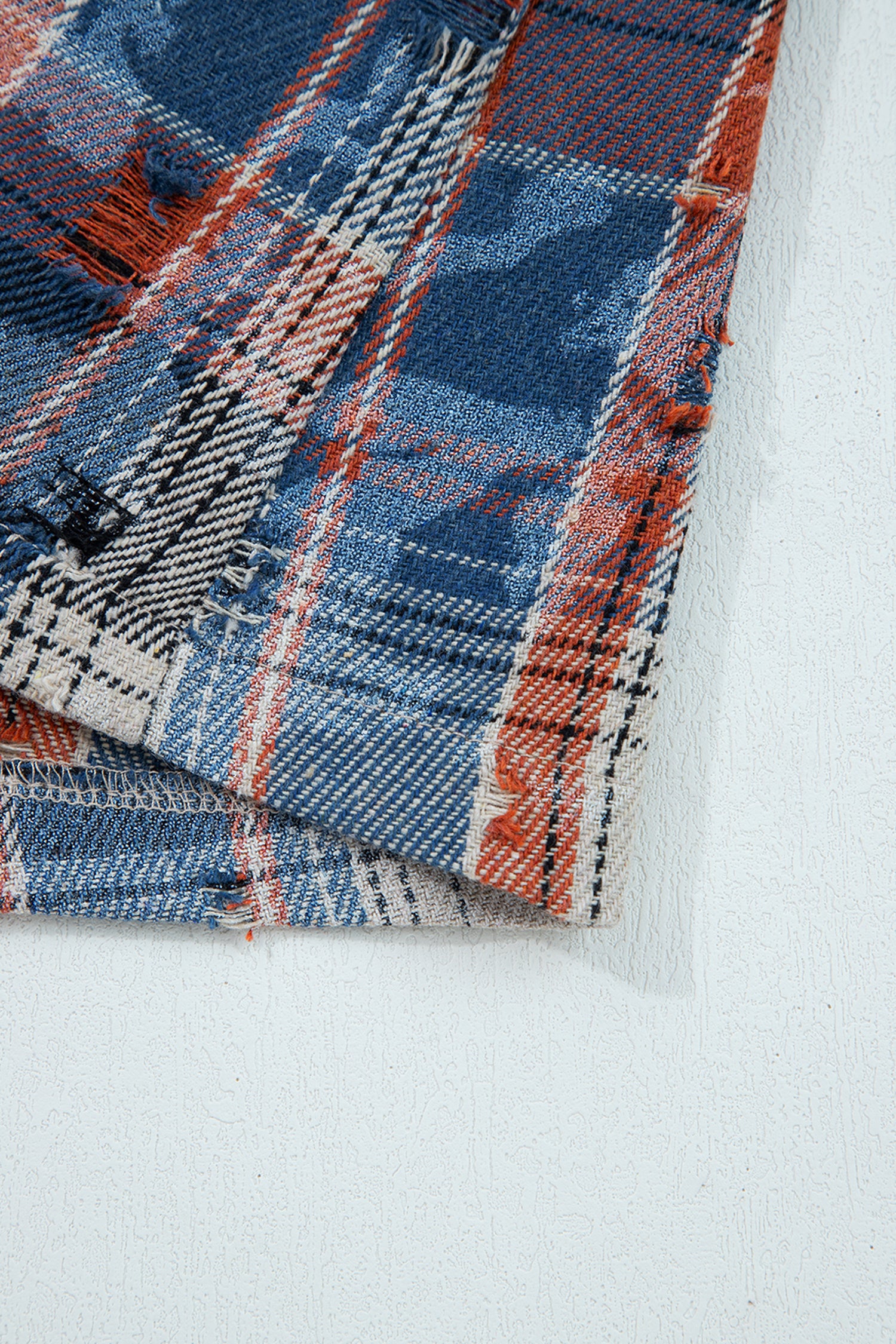 Simply Boho Blue Plaid Patchwork Distressed Waffle Knit Shacket