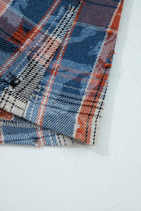 Simply Boho Blue Plaid Patchwork Distressed Waffle Knit Shacket