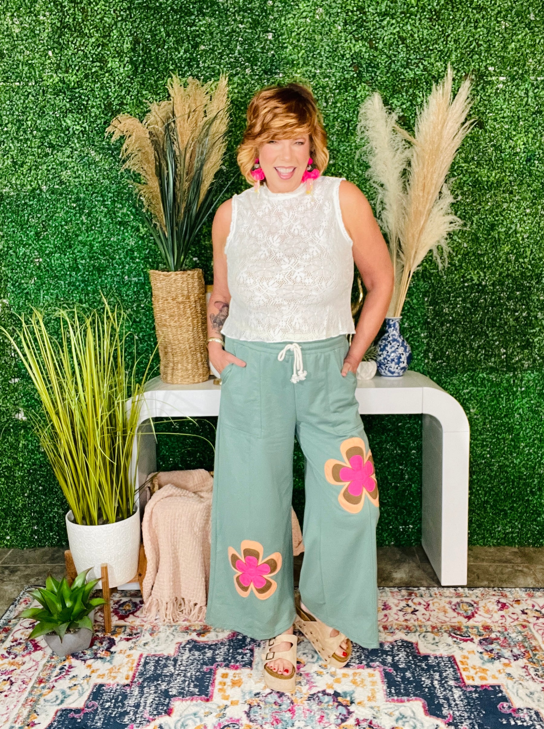 Boho Feels Sea Green Flower Patchwork Drawstring Wide Leg Pants