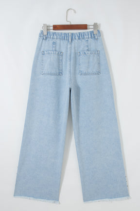 Delaney Blue Studded Side Slit Frayed Wide Leg Jeans