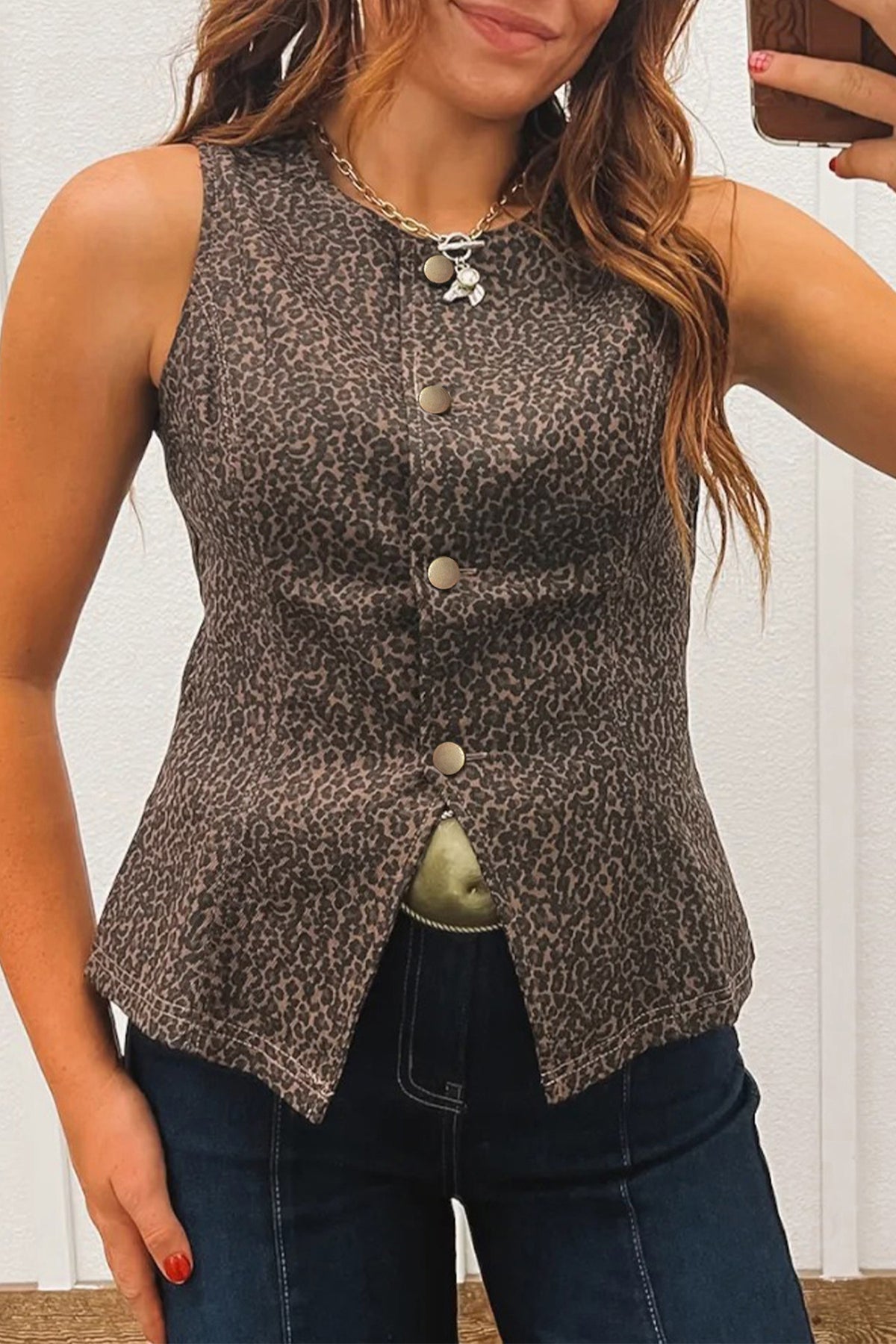 Down The Street Leopard Denim Vest
