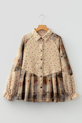 Simply Boho Oatmeal Plaid Patchwork Distressed Waffle Knit Shacket