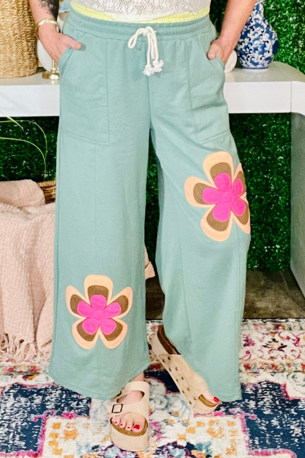 Boho Feels Sea Green Flower Patchwork Drawstring Wide Leg Pants