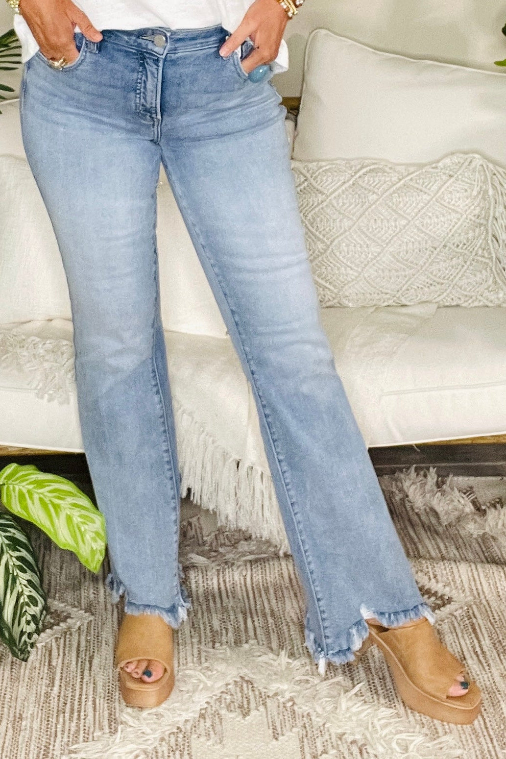 Avery Full Size Tummy Control Mid Rise Flare Jeans with Fray Hem Detailed