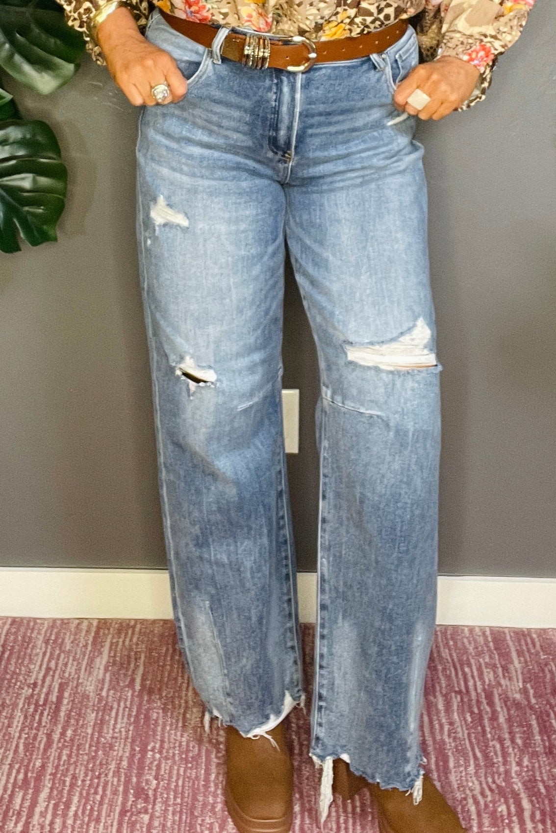 Brianna Full Size Mid Rise Fit Wide Baggy Leg Tie Washed Jeans