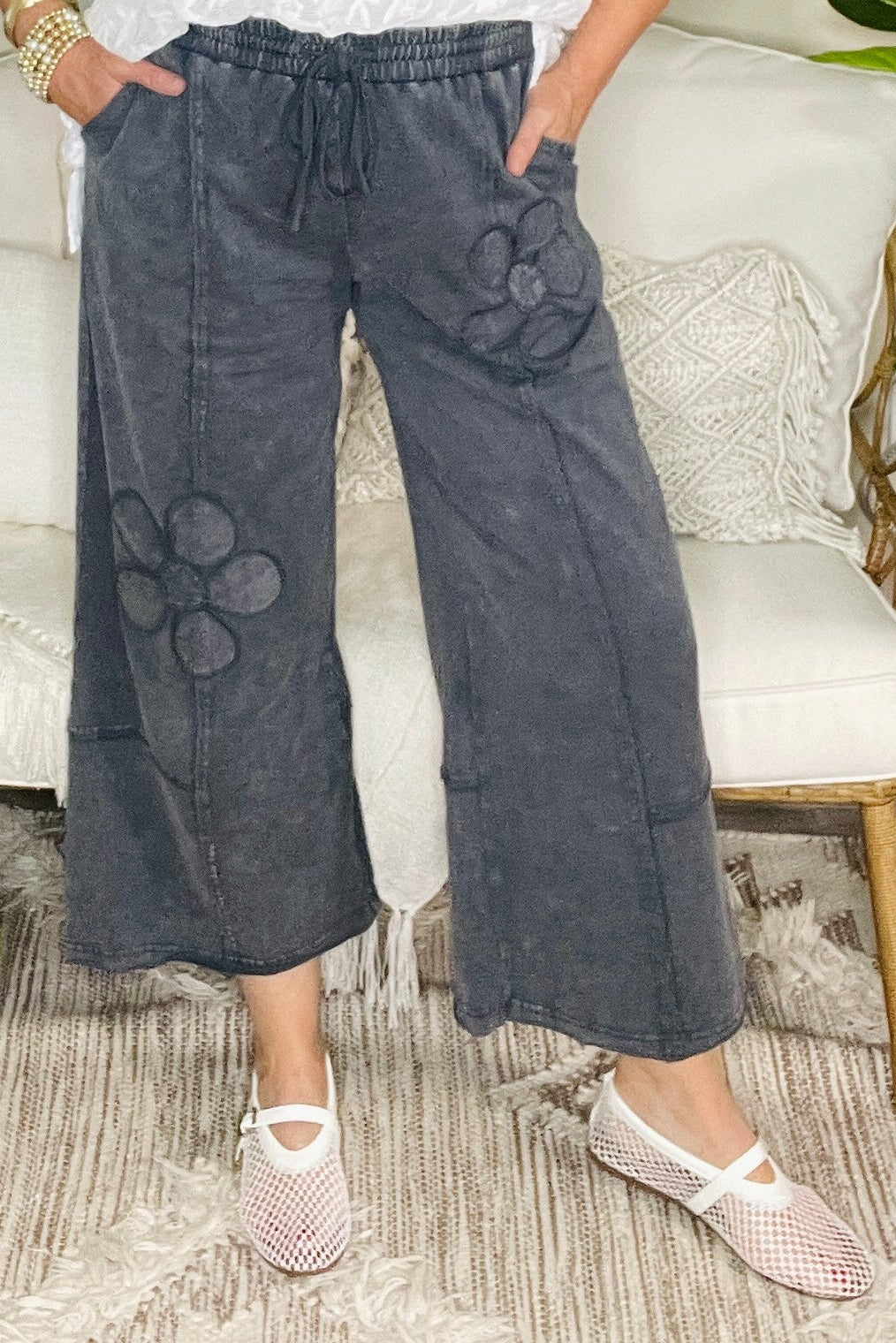 Boho Blooms Gray Flower Patch Mineral Washed Pants