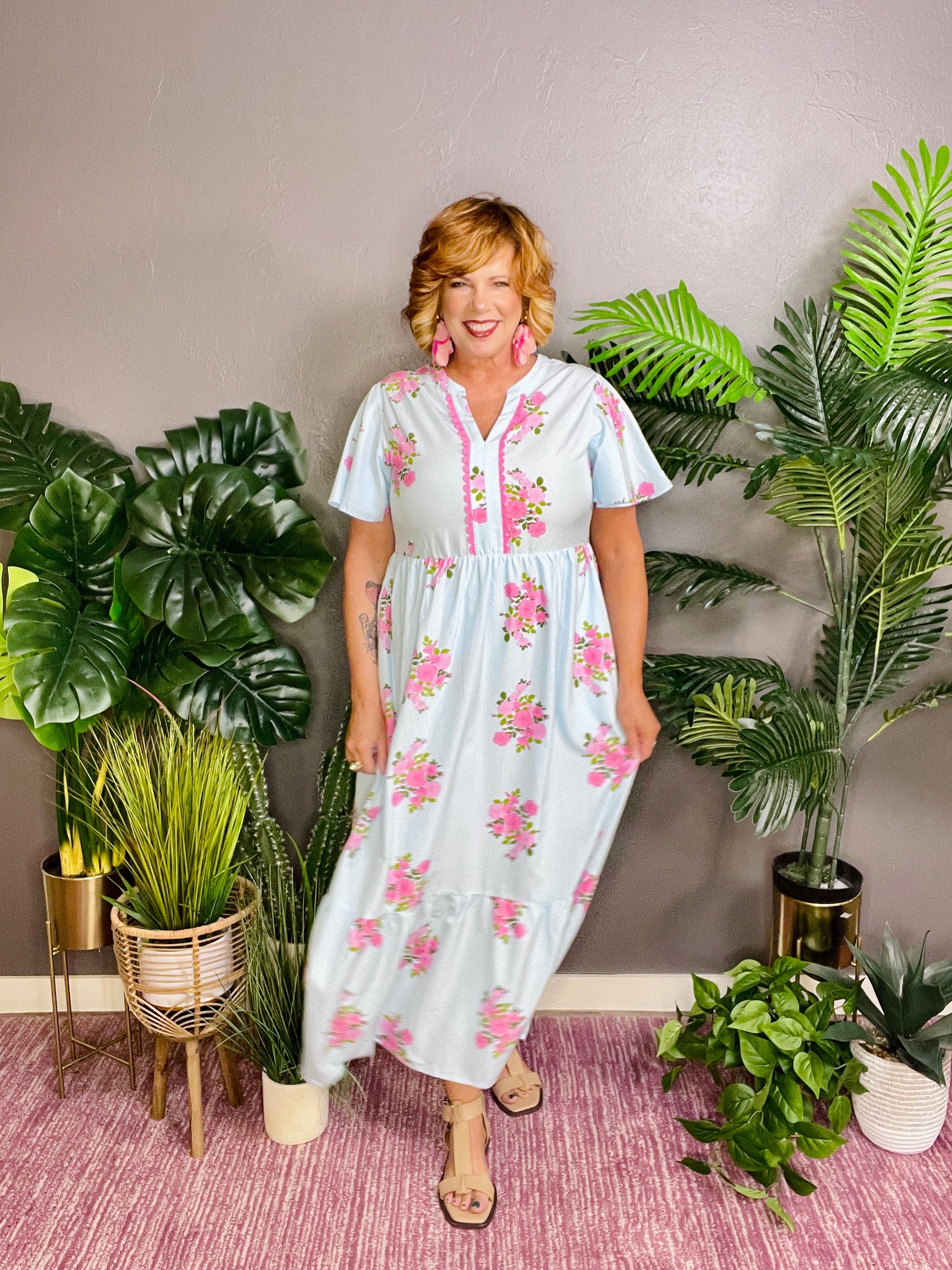 Resort Getaway Sky Blue Floral Print Maxi Dress