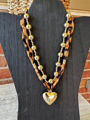 Mixed Beads Heart Charm Leopard Scarf Necklace - N156LE